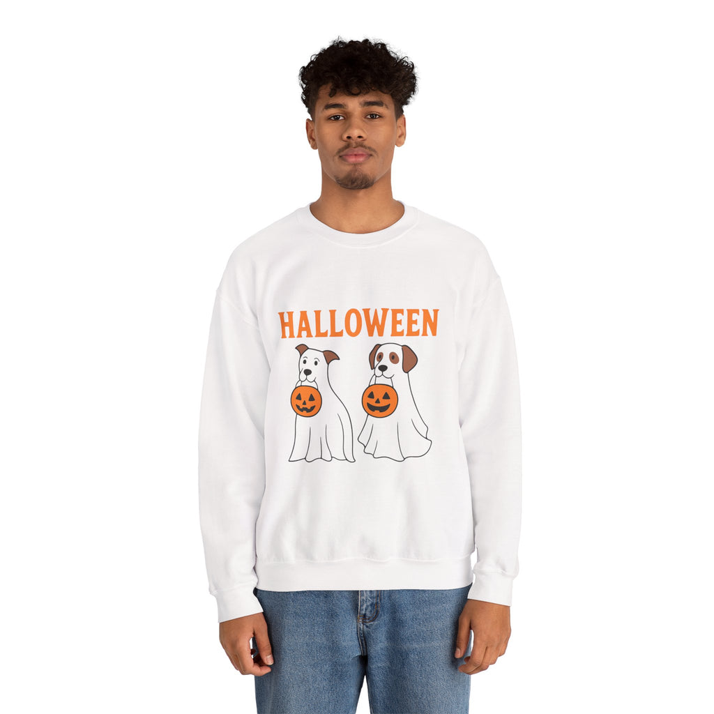 Halloween Ghost Dogs Sweatshirt | Cozy Fall Fashion, Unisex Crewneck, Pumpkin Design, Perfect for Trick-or-Treating