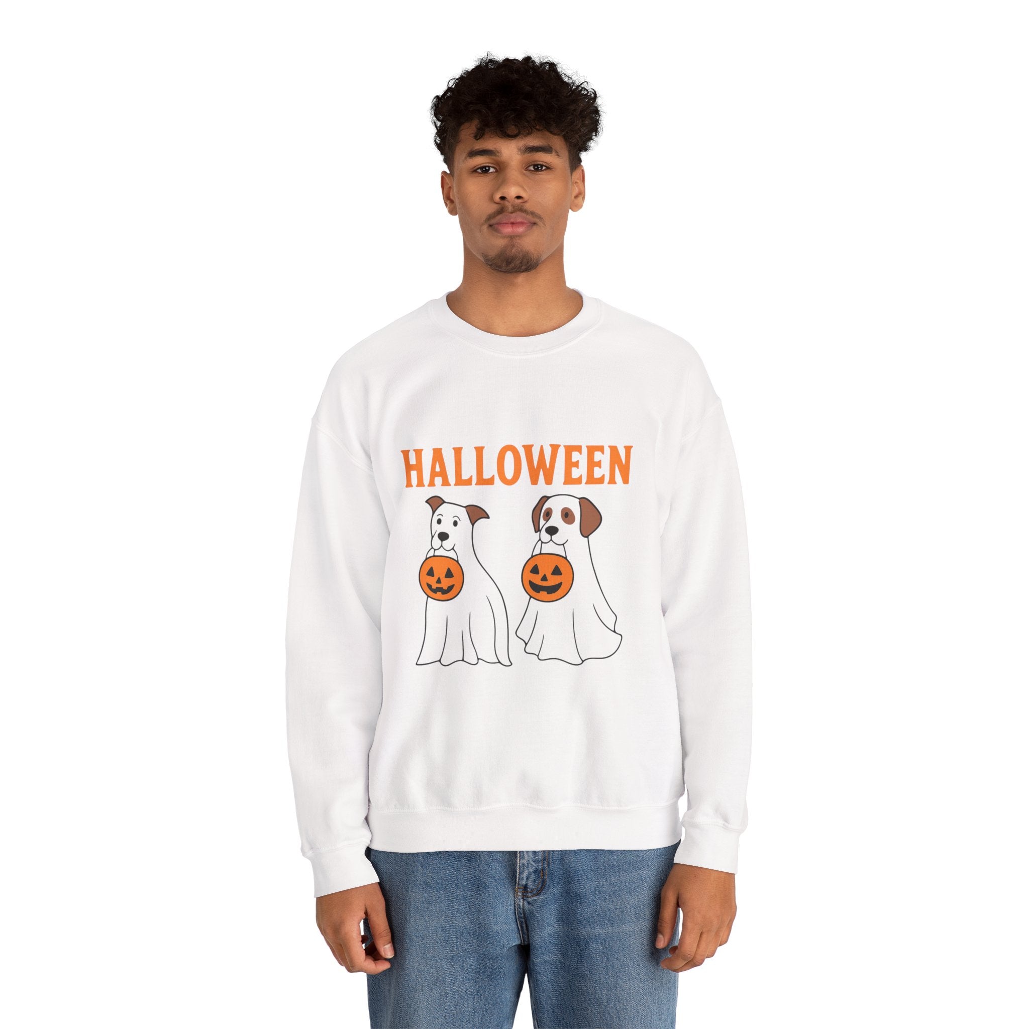 Halloween Ghost Dogs Sweatshirt | Cozy Fall Fashion, Unisex Crewneck, Pumpkin Design, Perfect for Trick-or-Treating