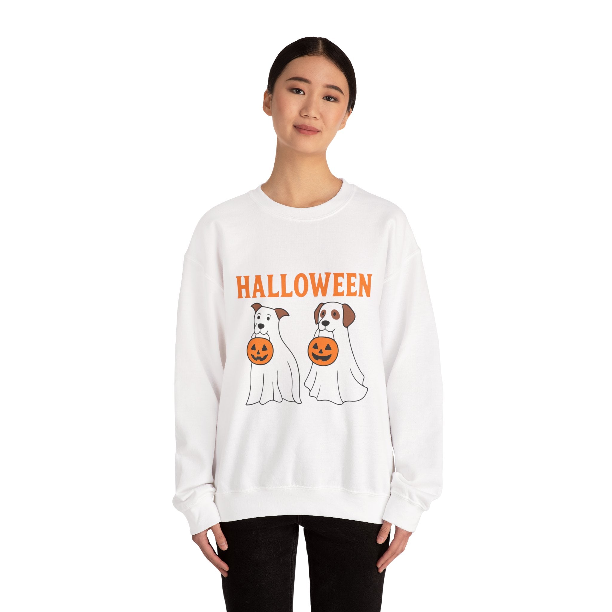 Halloween Ghost Dogs Sweatshirt | Cozy Fall Fashion, Unisex Crewneck, Pumpkin Design, Perfect for Trick-or-Treating
