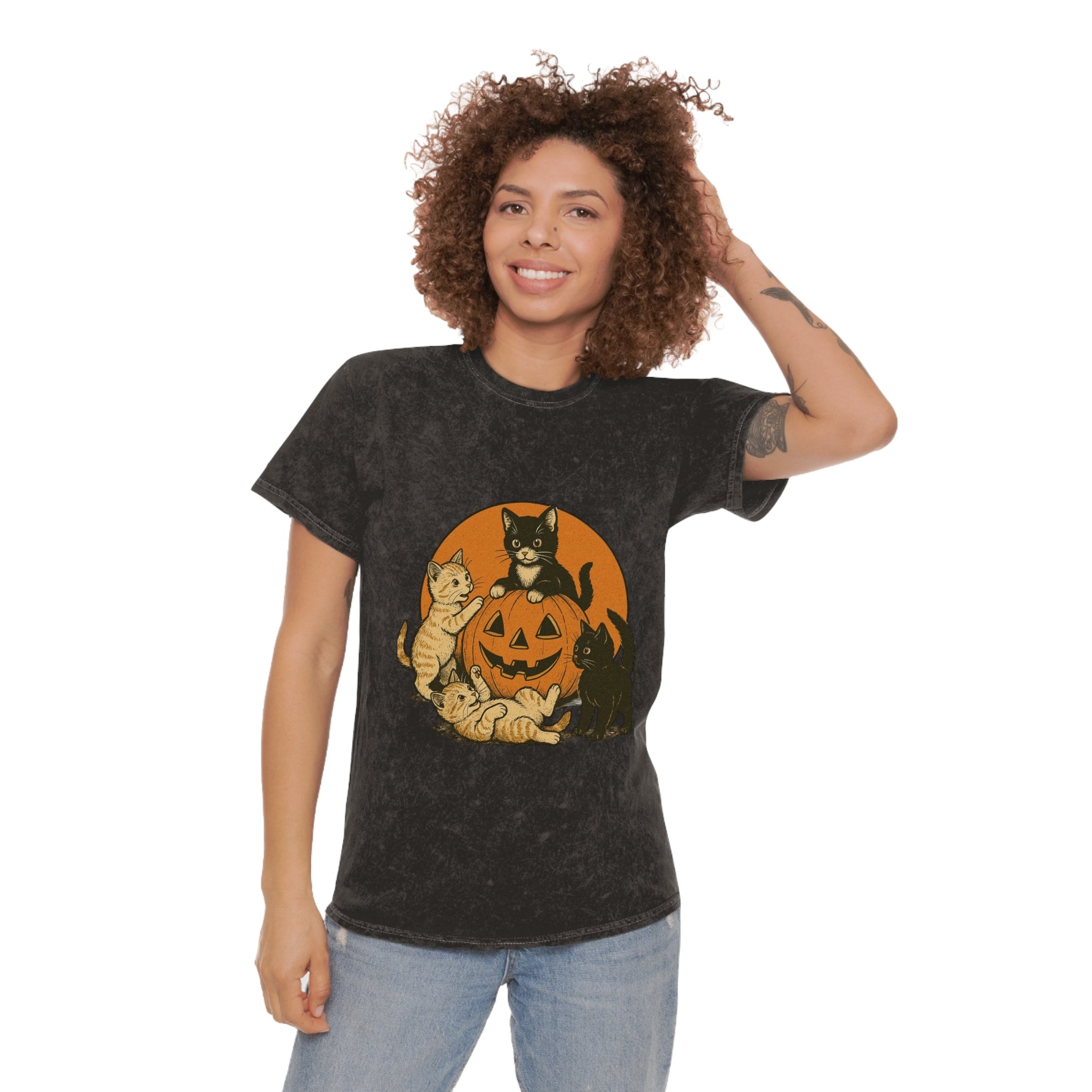 Halloween Cat T-Shirt, Spooky Cat Tee, Mineral Wash Shirt, Fall Fashion, Pet Lover Gift, Casual Holiday Top