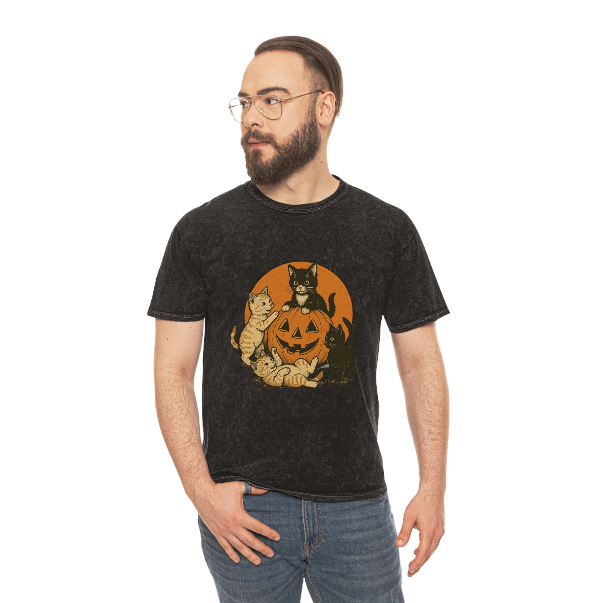 Halloween Cat T-Shirt, Spooky Cat Tee, Mineral Wash Shirt, Fall Fashion, Pet Lover Gift, Casual Holiday Top
